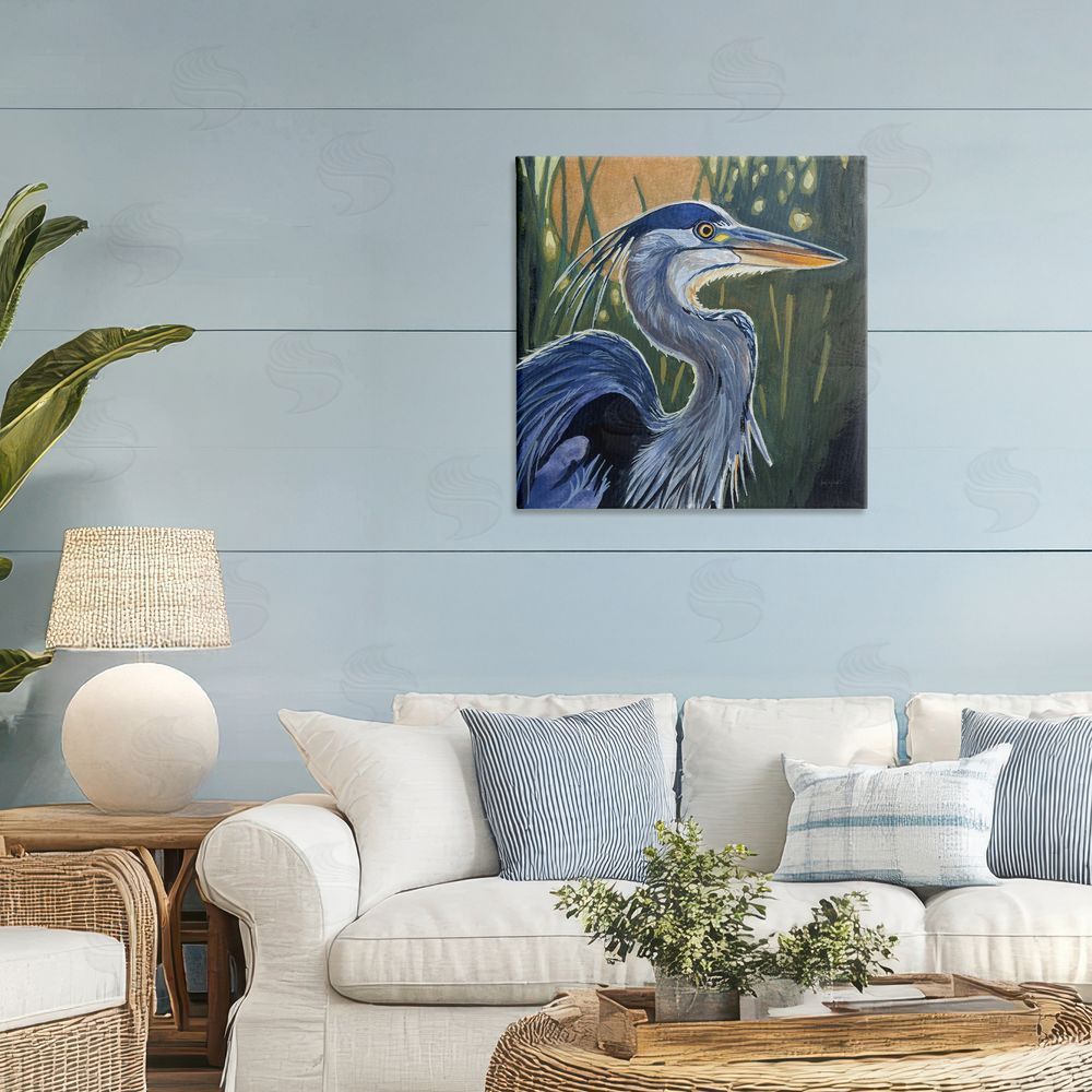 Kate Jarvik Birch Blue Heron Backlit in Morning Stretched Canvas Wall Art in Room