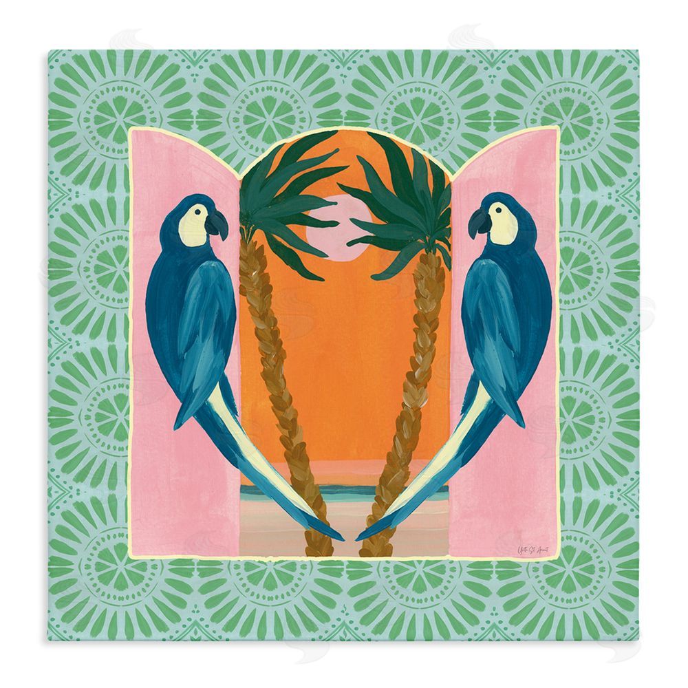Yvette St. Amant Blue Parrots Tropical Symmetry Stretched Canvas Wall Art Print