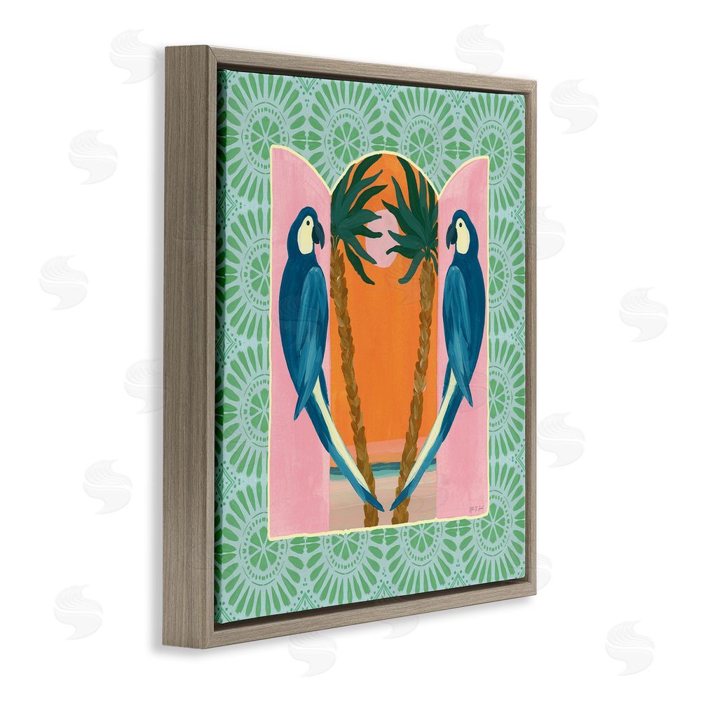 Yvette St. Amant Blue Parrots Tropical Symmetry Brown Floating Frame Canvas Wall Art Print