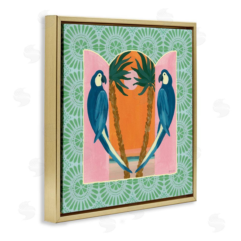 Yvette St. Amant Blue Parrots Tropical Symmetry Gold Floating Frame Canvas Wall Art Print