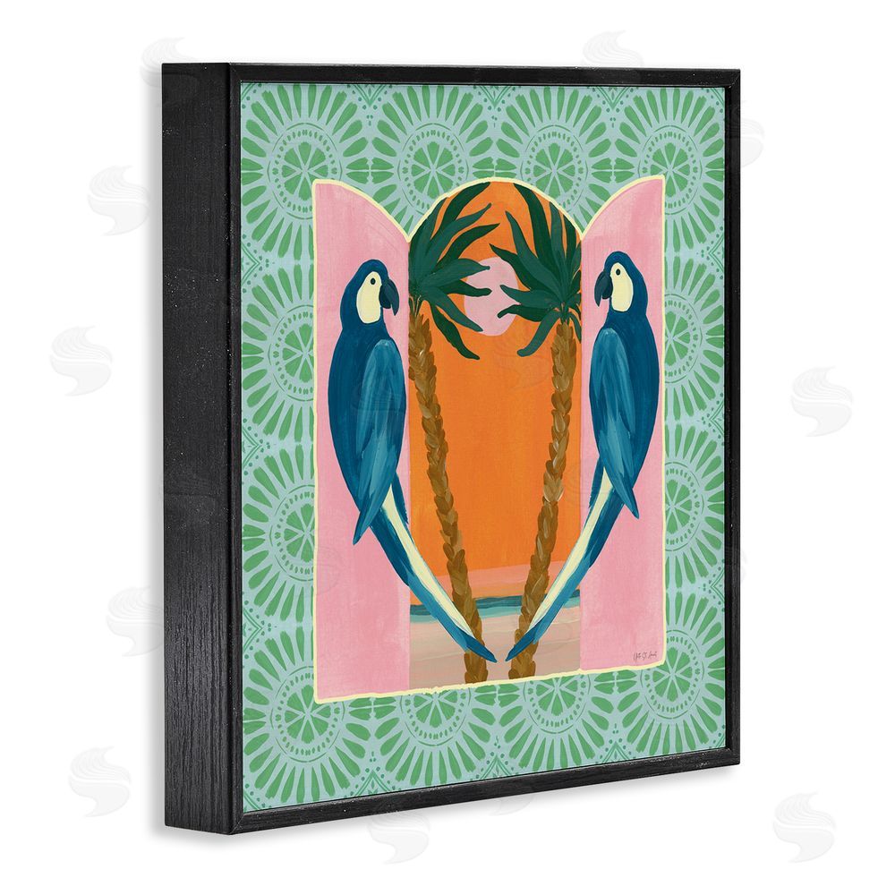 Yvette St. Amant Blue Parrots Tropical Symmetry Black Framed Giclee Wall Art Print