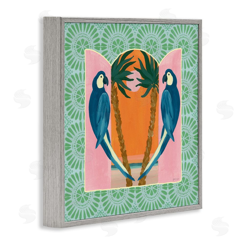 Yvette St. Amant Blue Parrots Tropical Symmetry Gray Framed Giclee Wall Art Print