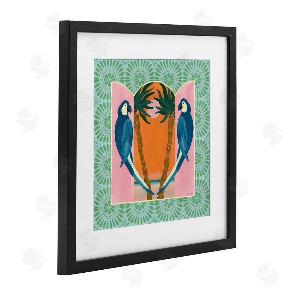 Yvette St. Amant Blue Parrots Tropical Symmetry Black Framed Print Under Glass Wall Art