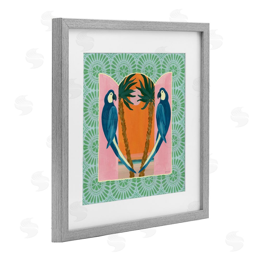 Yvette St. Amant Blue Parrots Tropical Symmetry Gray Framed Print Under Glass Wall Art