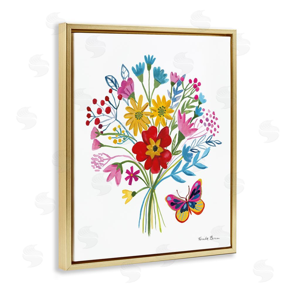 Farida Zaman Butterfly Bouquet with Vibrant Blooms Gold Floating Frame Canvas Wall Art Print
