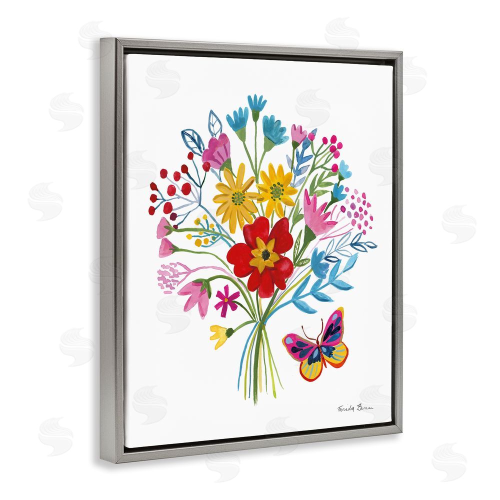 Farida Zaman Butterfly Bouquet with Vibrant Blooms Gray Floating Frame Canvas Wall Art Print