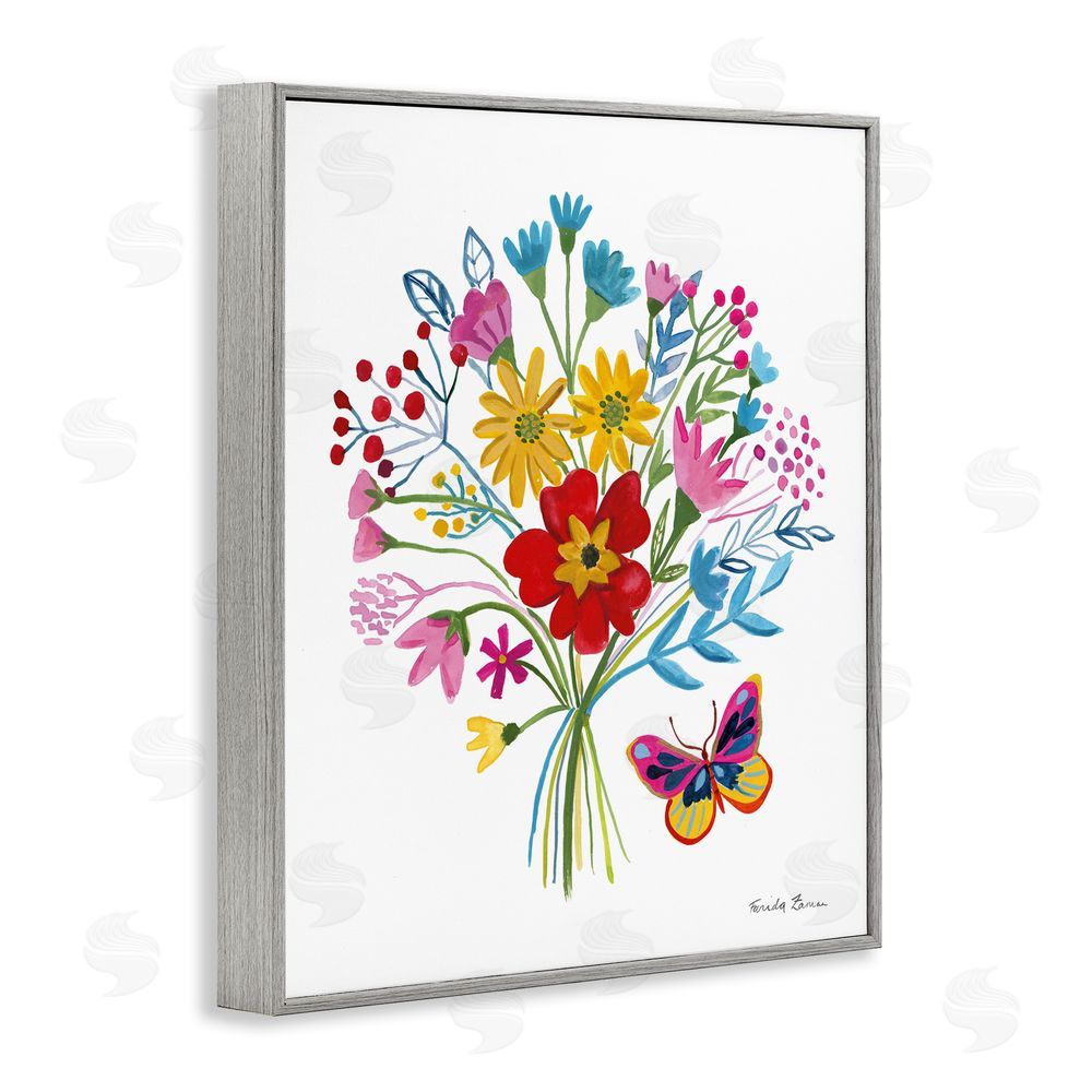 Farida Zaman Butterfly Bouquet with Vibrant Blooms Gray Framed Giclee Wall Art Print
