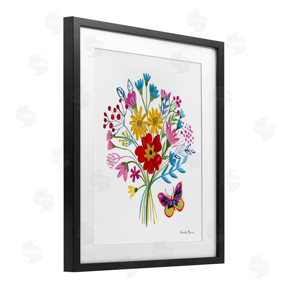 Farida Zaman Butterfly Bouquet with Vibrant Blooms Black Framed Print Under Glass Wall Art