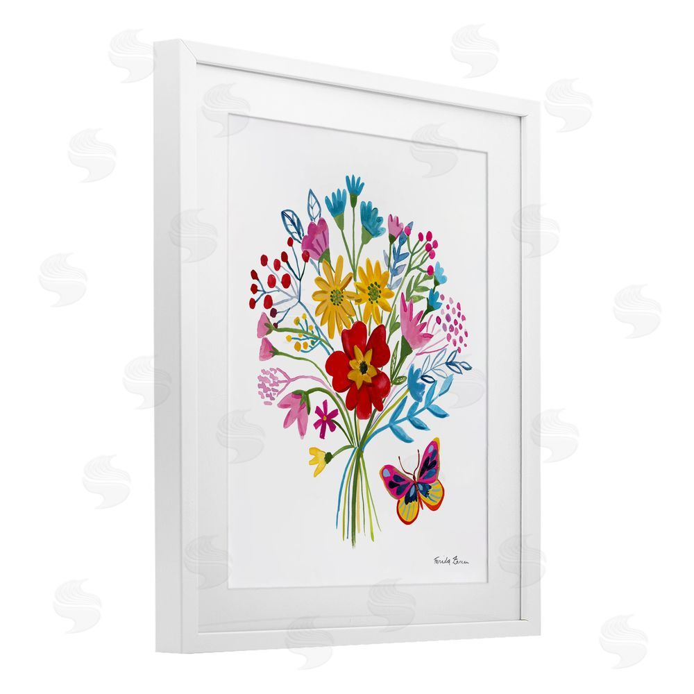 Farida Zaman Butterfly Bouquet with Vibrant Blooms White Framed Print Under Glass Wall Art