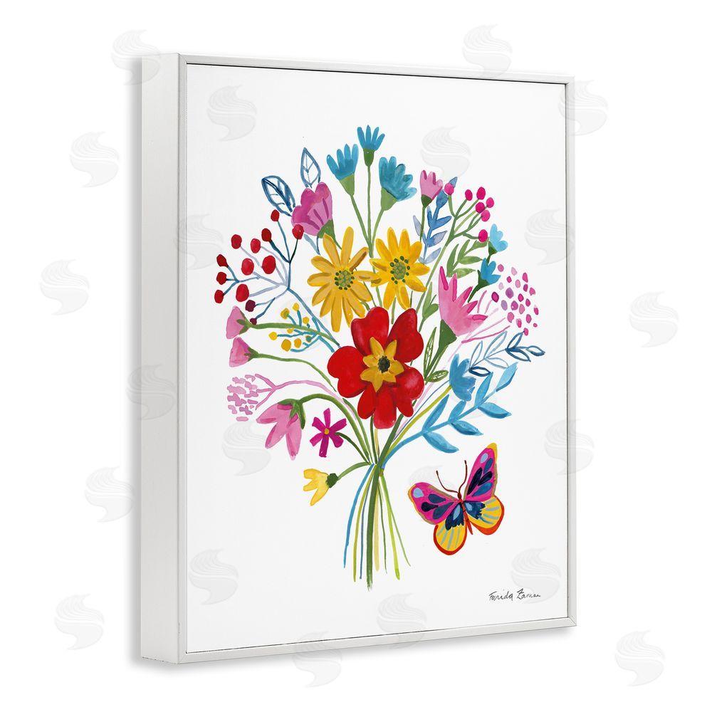 Farida Zaman Butterfly Bouquet with Vibrant Blooms White Framed Giclee Wall Art Print