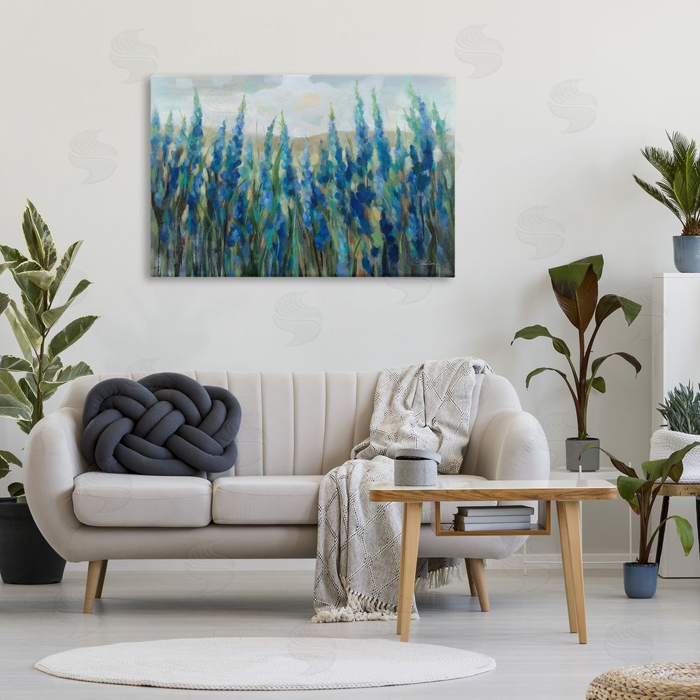 Silvia Vassileva Blue Meadow Wildflower Field Stretched Canvas Wall Art in Room
