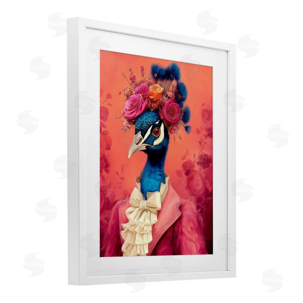 Lazar Studio Baroque Peacock in Pink White Framed Print Under Glass Wall Art
