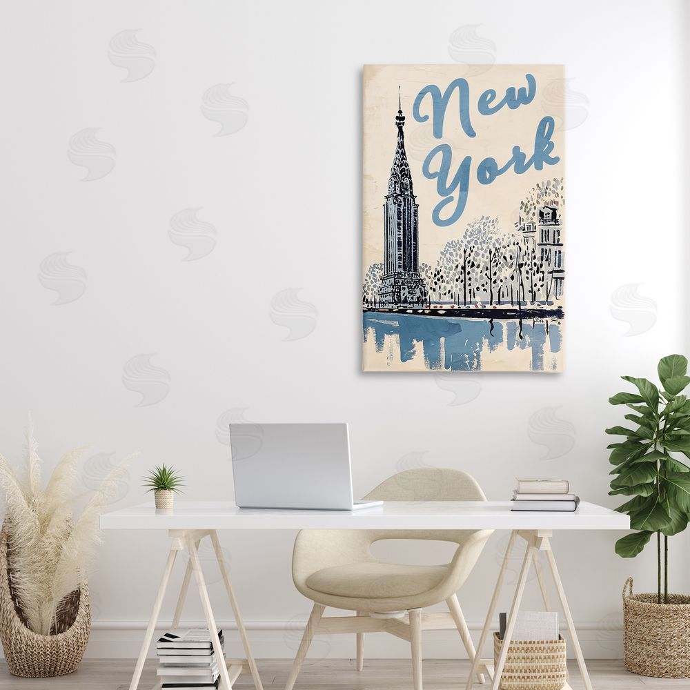 Annabelle Hall Blue & Beige New York Travel Stretched Canvas Wall Art in Room