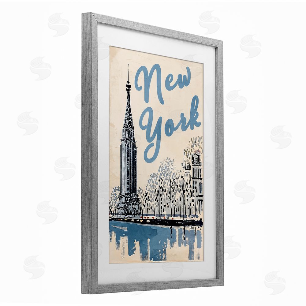 Annabelle Hall Blue & Beige New York Travel Gray Framed Print Under Glass Wall Art