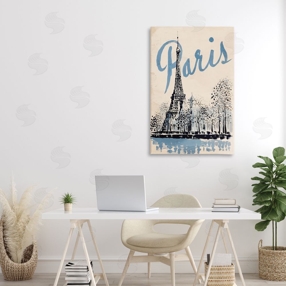 Annabelle Hall Blue & Beige Paris Travel Stretched Canvas Wall Art in Room