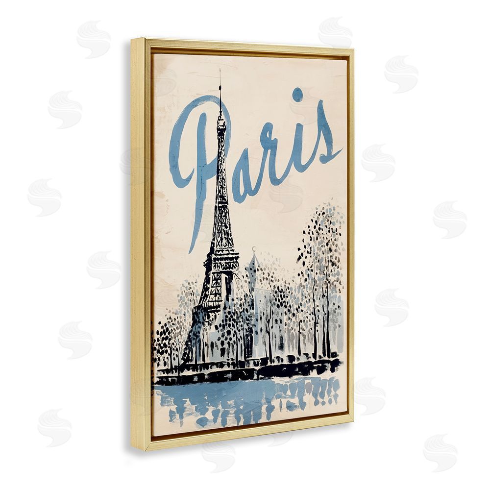 Annabelle Hall Blue & Beige Paris Travel Gold Floating Frame Canvas Wall Art Print