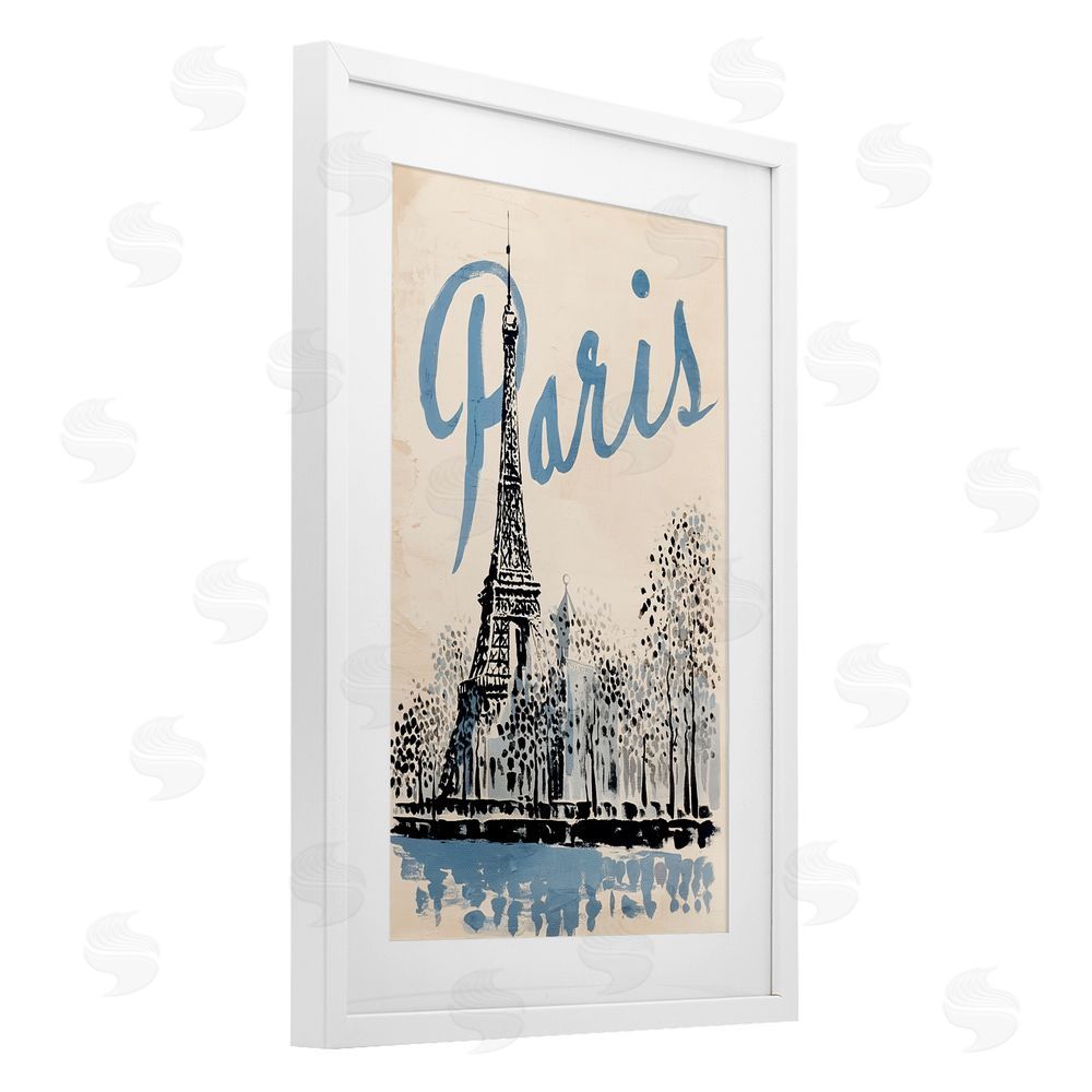 Annabelle Hall Blue & Beige Paris Travel White Framed Print Under Glass Wall Art