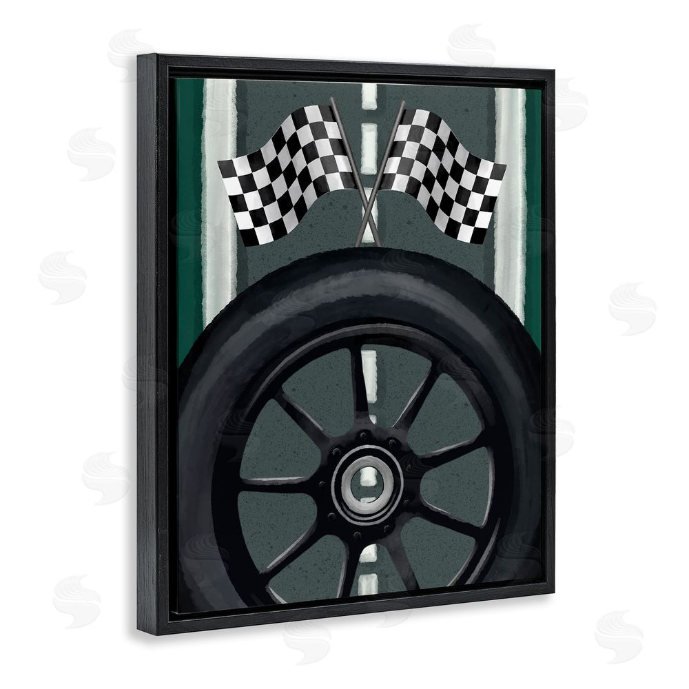 Jennifer Stith Racetrack Flags & Tire Black Floating Frame Canvas Wall Art Print