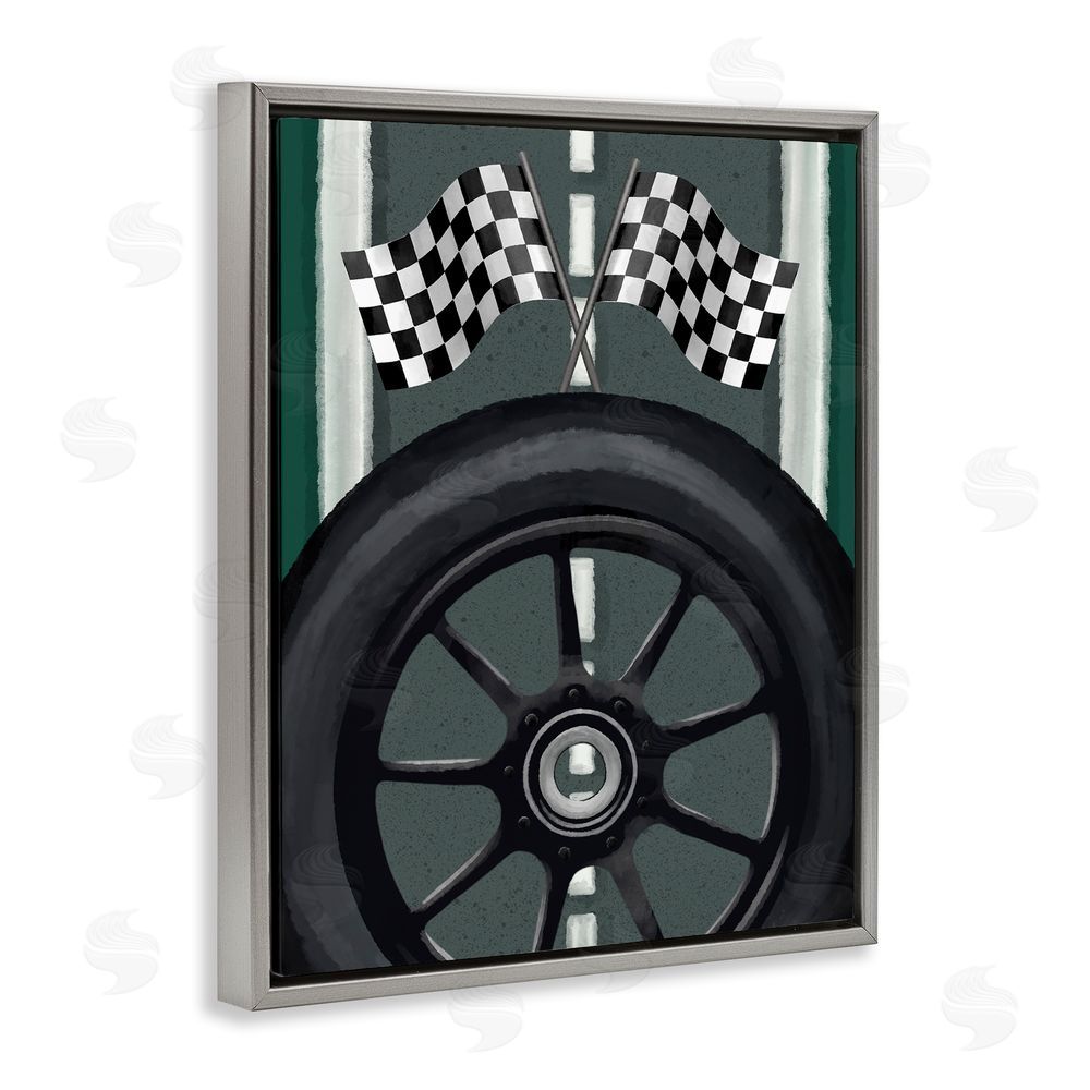 Jennifer Stith Racetrack Flags & Tire Gray Floating Frame Canvas Wall Art Print