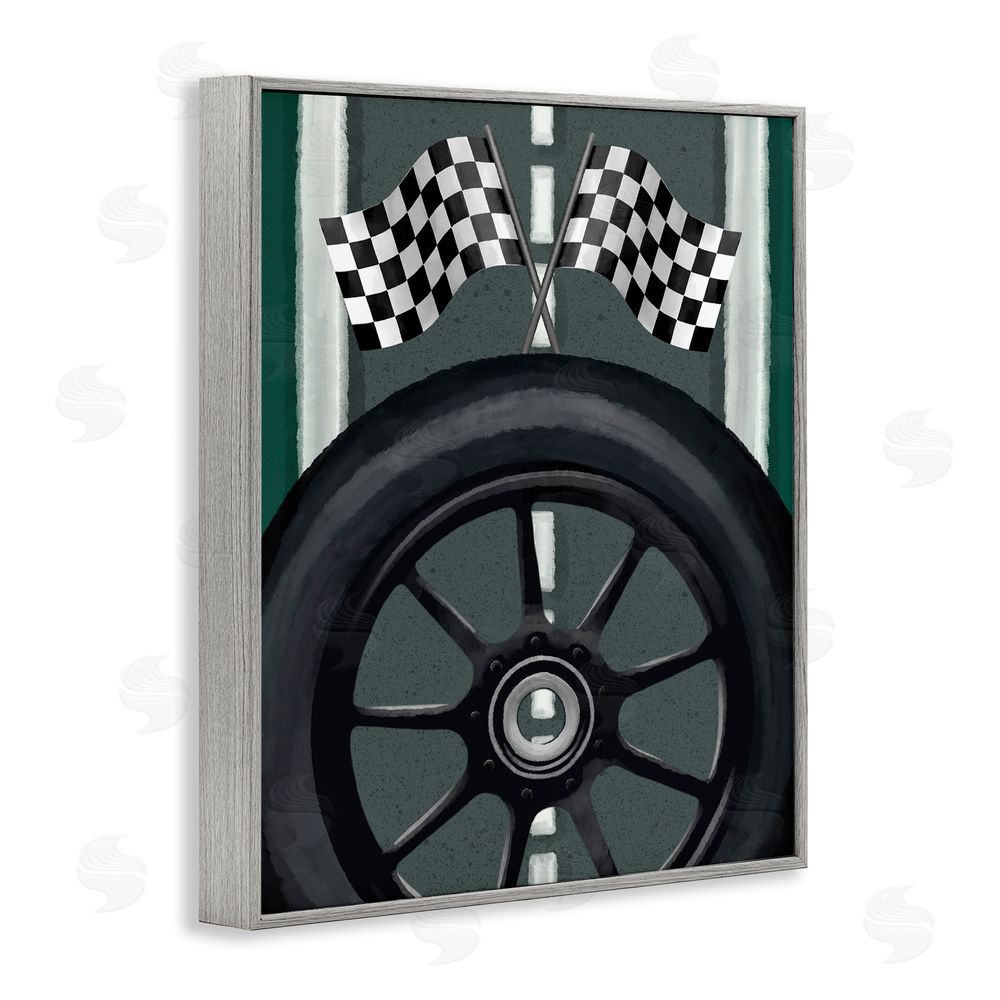 Jennifer Stith Racetrack Flags & Tire Gray Framed Giclee Wall Art Print