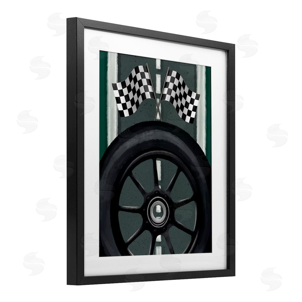Jennifer Stith Racetrack Flags & Tire Black Framed Print Under Glass Wall Art