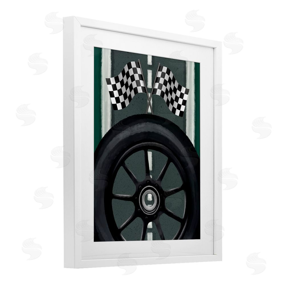 Jennifer Stith Racetrack Flags & Tire White Framed Print Under Glass Wall Art