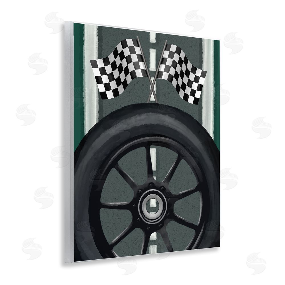 Jennifer Stith Racetrack Flags & Tire Wooden Wall Plaque Art Print