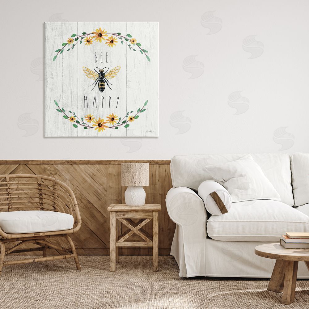 Elizabeth Tyndall Bee Happy with Delicate Wreath Stretched Canvas Wall Art in Room
