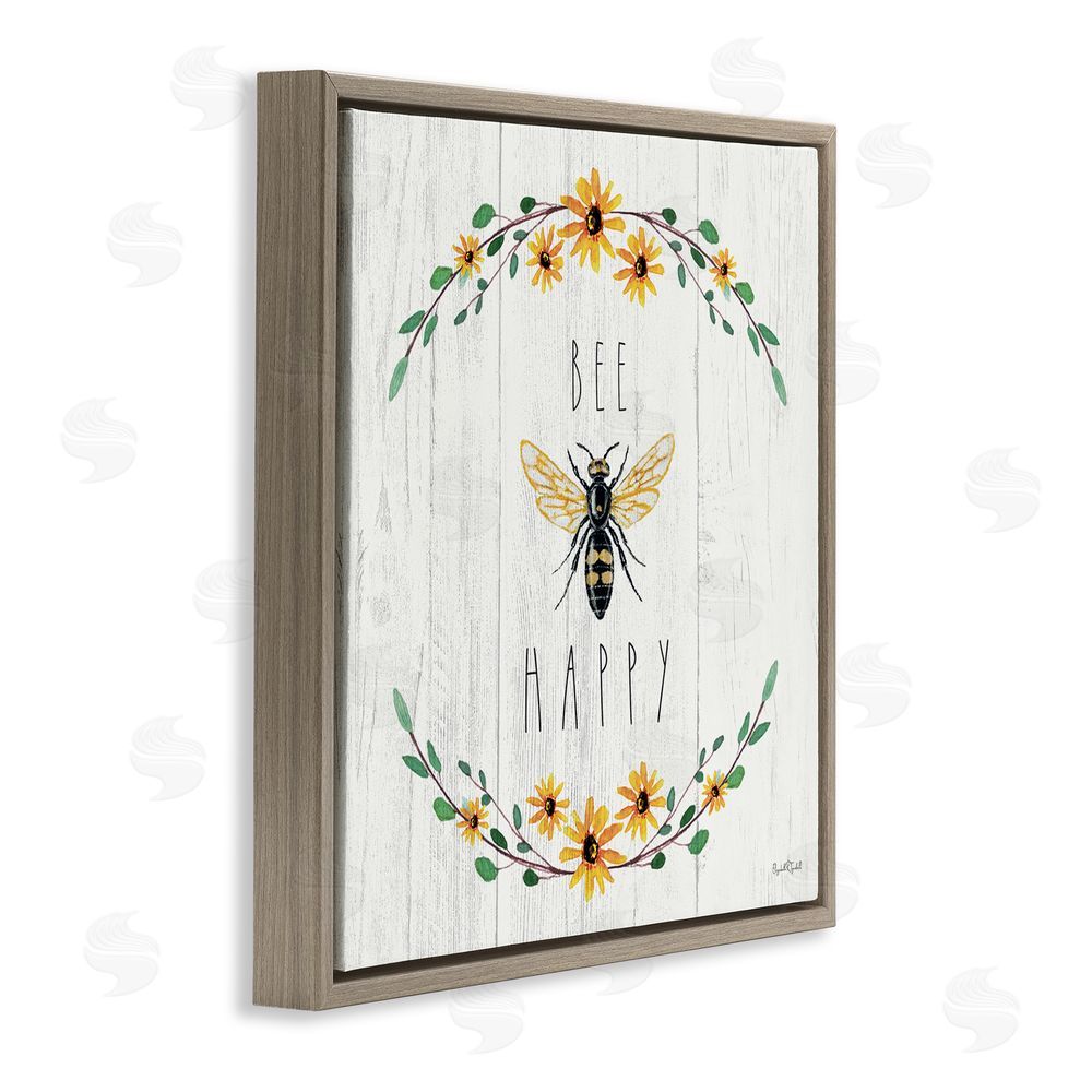 Elizabeth Tyndall Bee Happy with Delicate Wreath Brown Floating Frame Canvas Wall Art Print