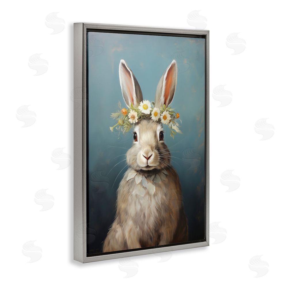 Heidi Kuntz Daisy Crowned Bunny Portrait Gray Floating Frame Wall Art Print