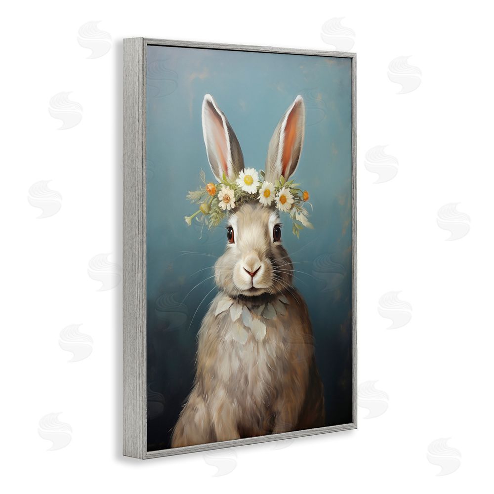 Heidi Kuntz Daisy Crowned Bunny Portrait Gray Framed Giclee Wall Art Print