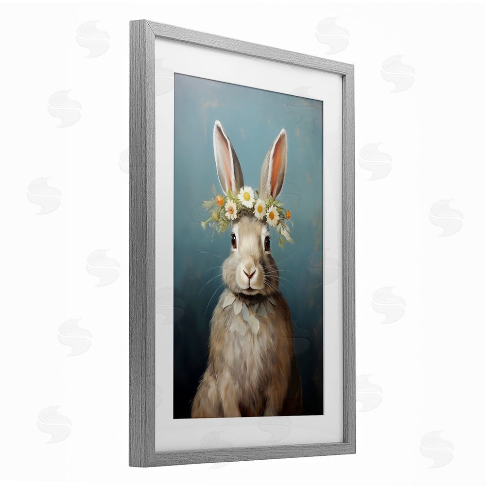 Heidi Kuntz Daisy Crowned Bunny Portrait Gray Framed Print Under Glass Wall Art