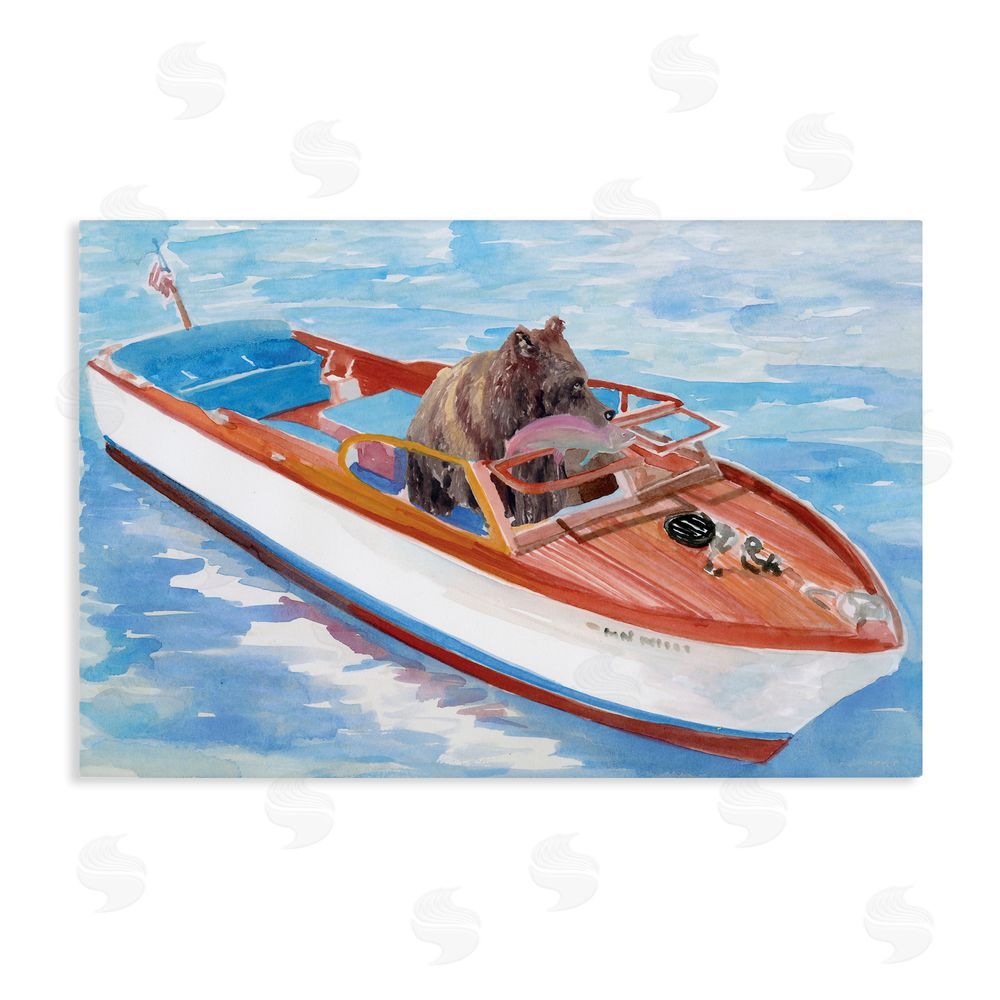 Stellar Design Studio Bear Fishing in Speedboat Stretched Canvas Wall Art Print