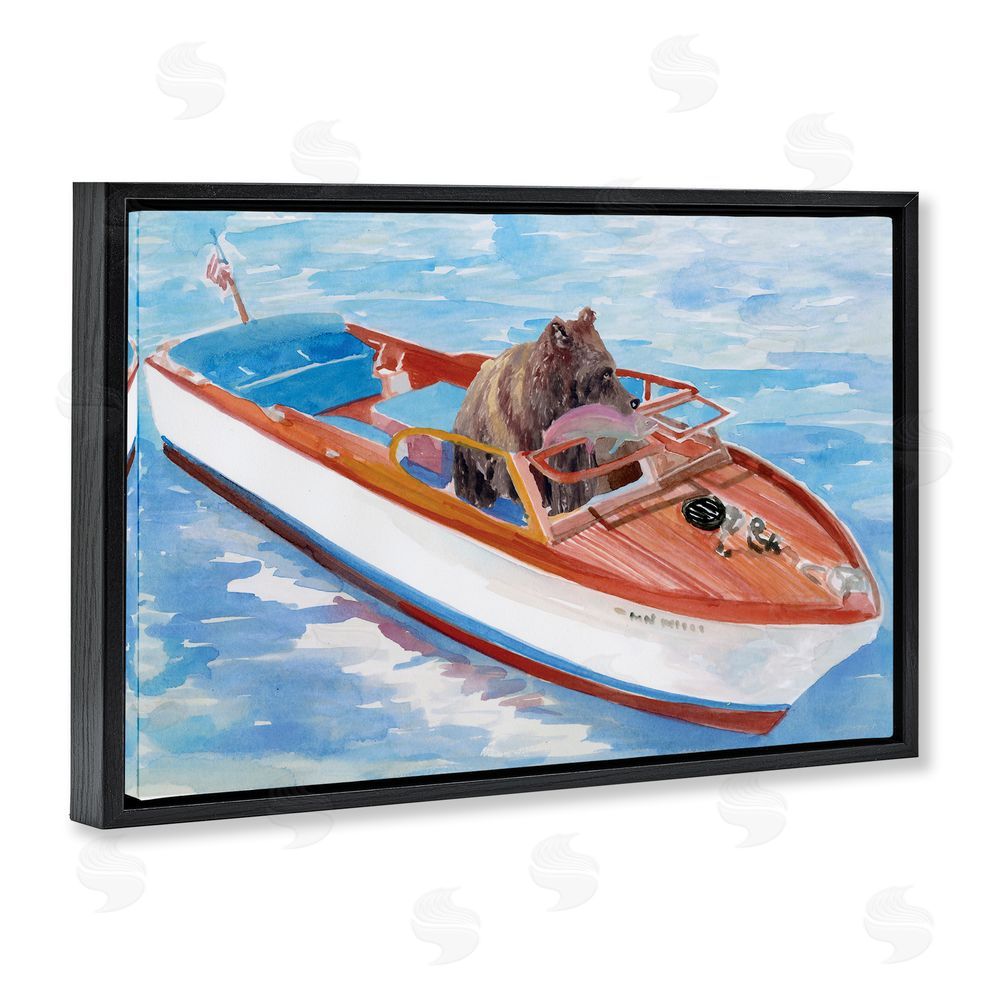 Stellar Design Studio Bear Fishing in Speedboat Black Floating Frame Canvas Wall Art Print