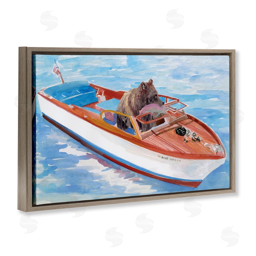 Stellar Design Studio Bear Fishing in Speedboat Brown Floating Frame Canvas Wall Art Print