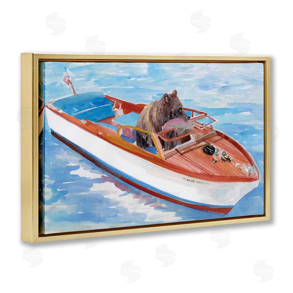 Stellar Design Studio Bear Fishing in Speedboat Gold Floating Frame Canvas Wall Art Print