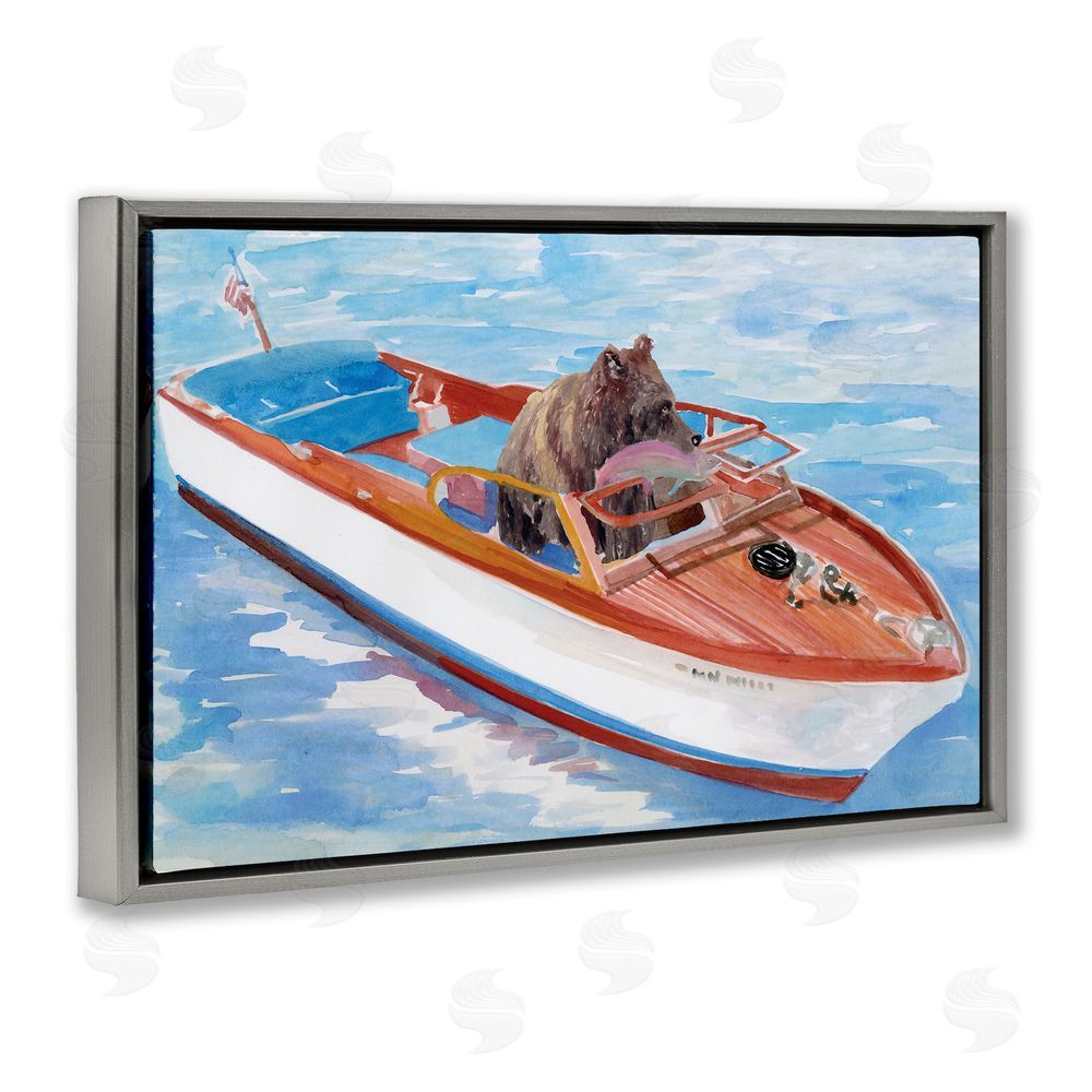 Stellar Design Studio Bear Fishing in Speedboat Gray Floating Frame Canvas Wall Art Print