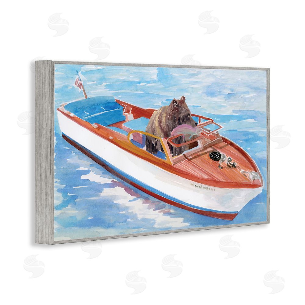 Stellar Design Studio Bear Fishing in Speedboat Gray Framed Giclee Wall Art Print