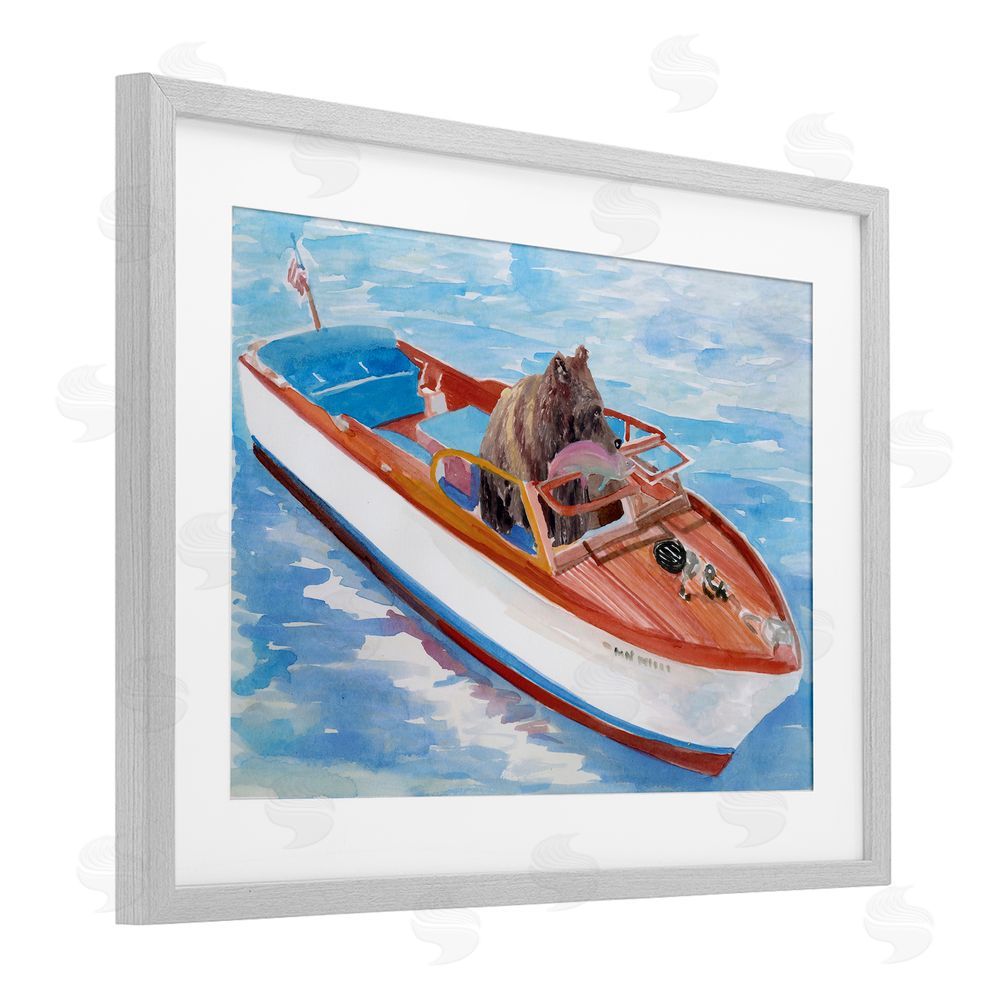 Stellar Design Studio Bear Fishing in Speedboat Gray Framed Print Under Glass Wall Art