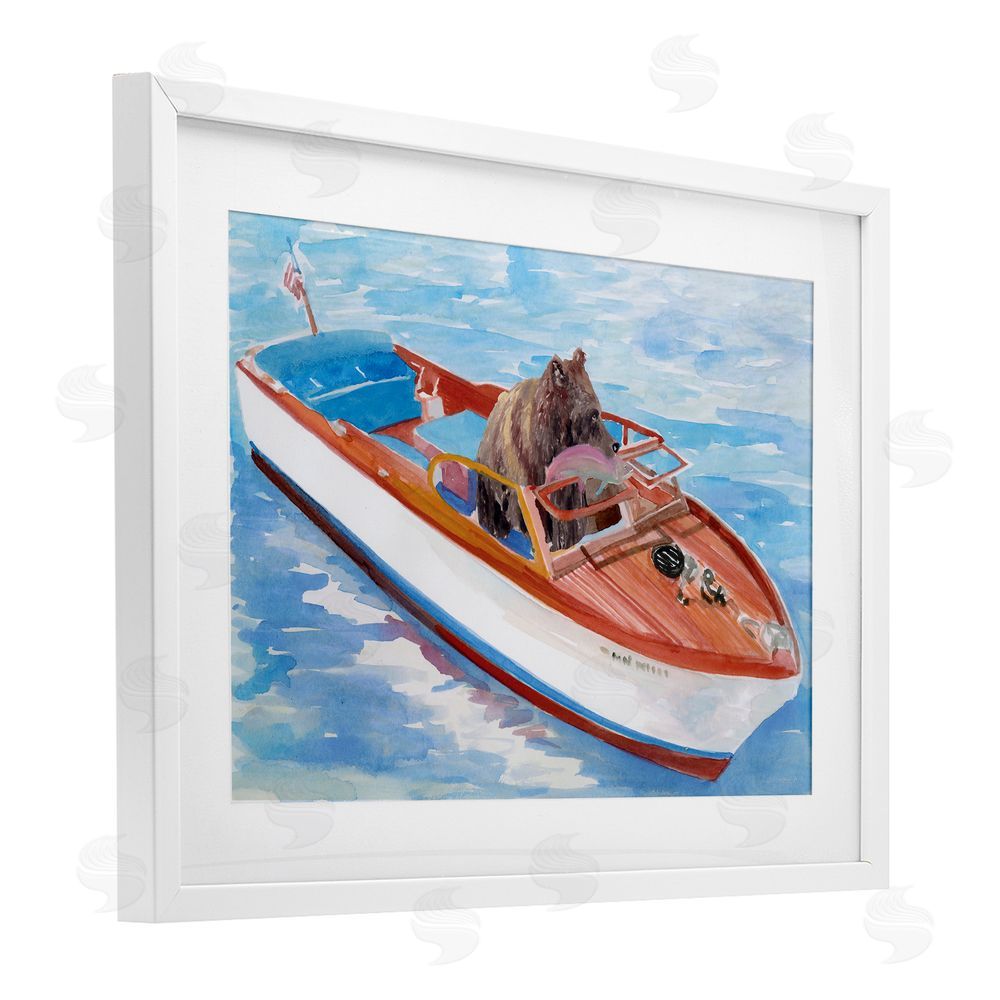 Stellar Design Studio Bear Fishing in Speedboat White Framed Print Under Glass Wall Art
