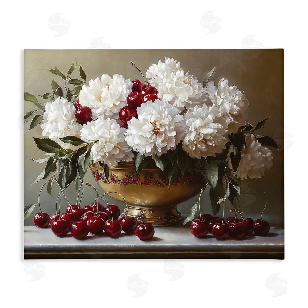 Heidi Kuntz Cherries & White Peonies Bouquet Stretched Canvas Wall Art Print
