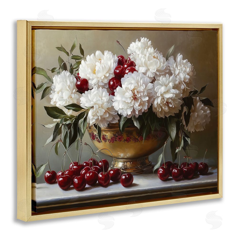 Heidi Kuntz Cherries & White Peonies Bouquet Gold Floating Frame Canvas Wall Art Print