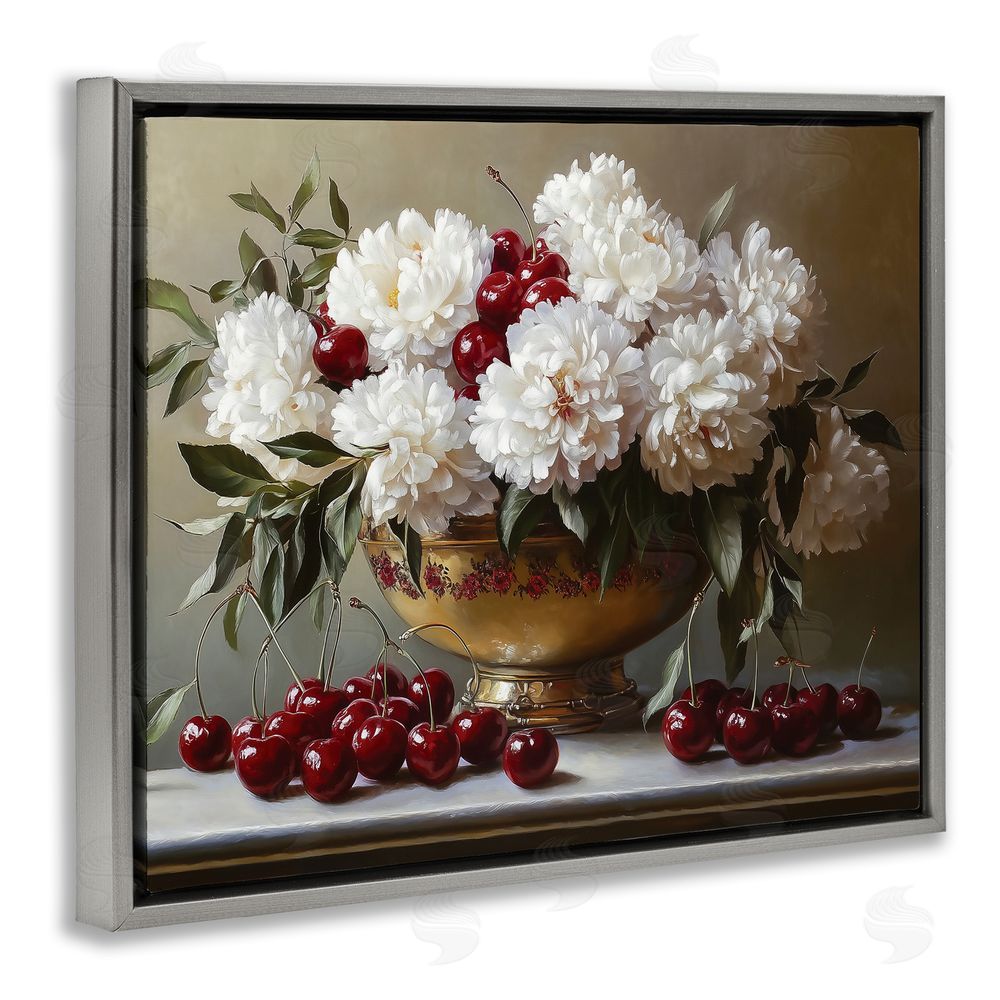 Heidi Kuntz Cherries & White Peonies Bouquet Gray Floating Frame Canvas Wall Art Print