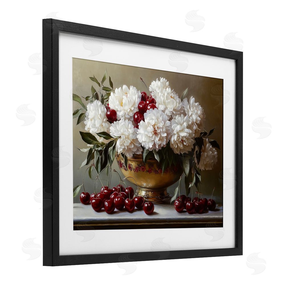 Heidi Kuntz Cherries & White Peonies Bouquet Black Framed Print Under Glass Wall Art