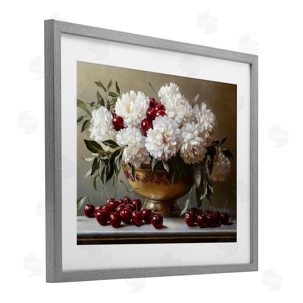 Heidi Kuntz Cherries & White Peonies Bouquet Gray Framed Print Under Glass Wall Art