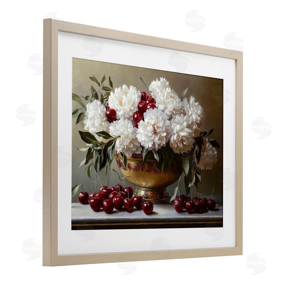 Heidi Kuntz Cherries & White Peonies Bouquet Brown Framed Print Under Glass Wall Art