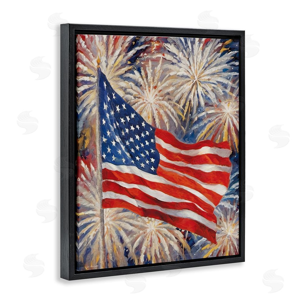 Jo Moulton American Flag over Fireworks Black Floating Frame Canvas Wall Art Print