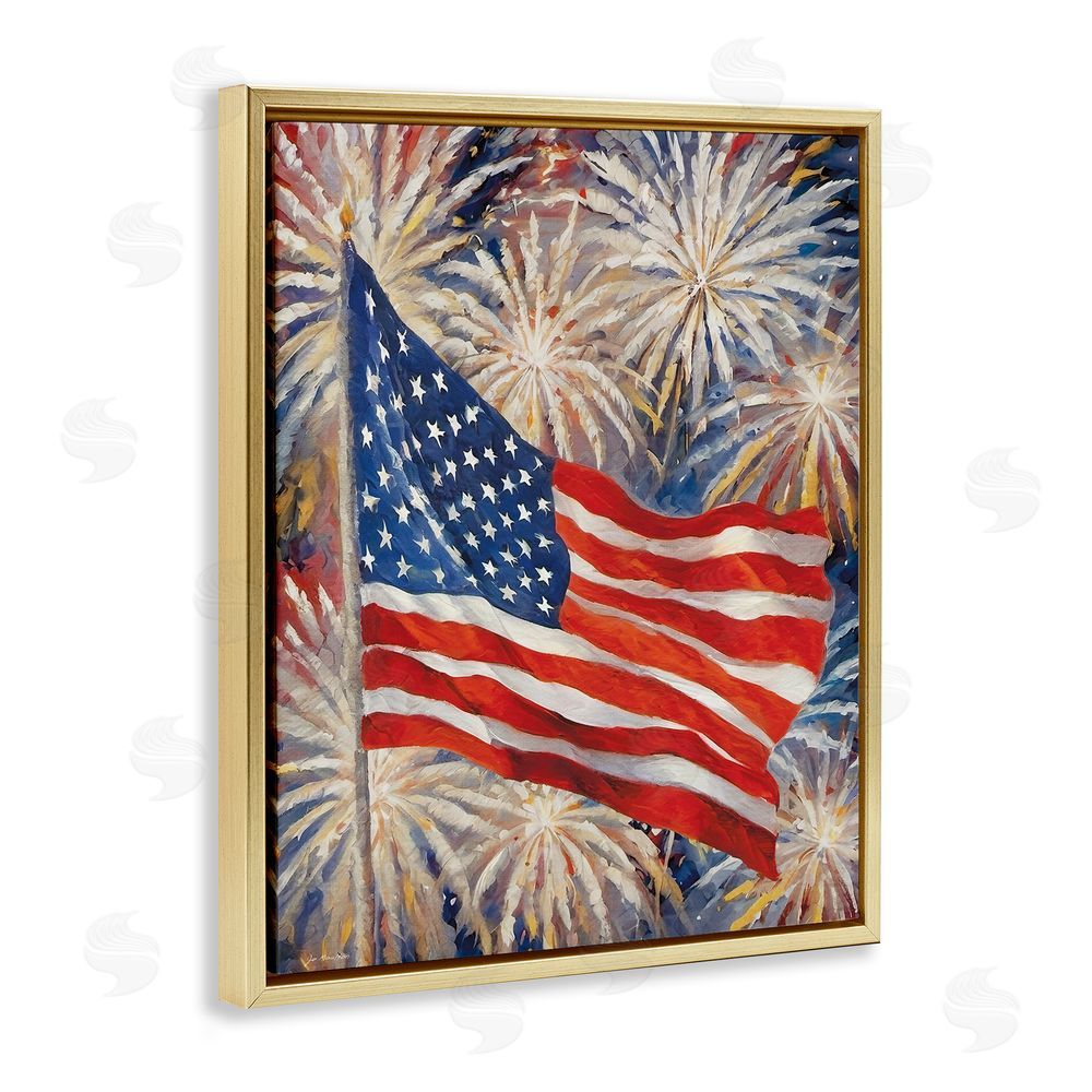Jo Moulton American Flag over Fireworks Gold Floating Frame Canvas Wall Art Print