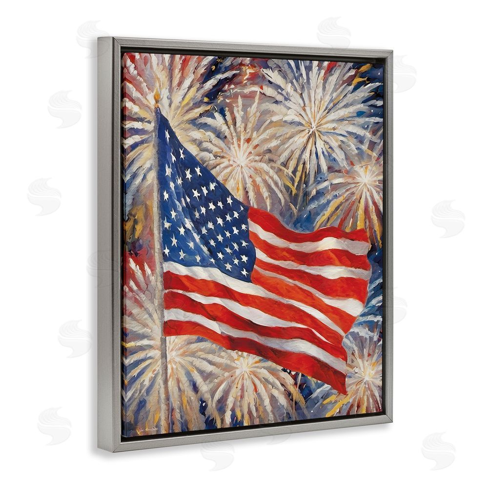 Jo Moulton American Flag over Fireworks Gray Floating Frame Canvas Wall Art Print