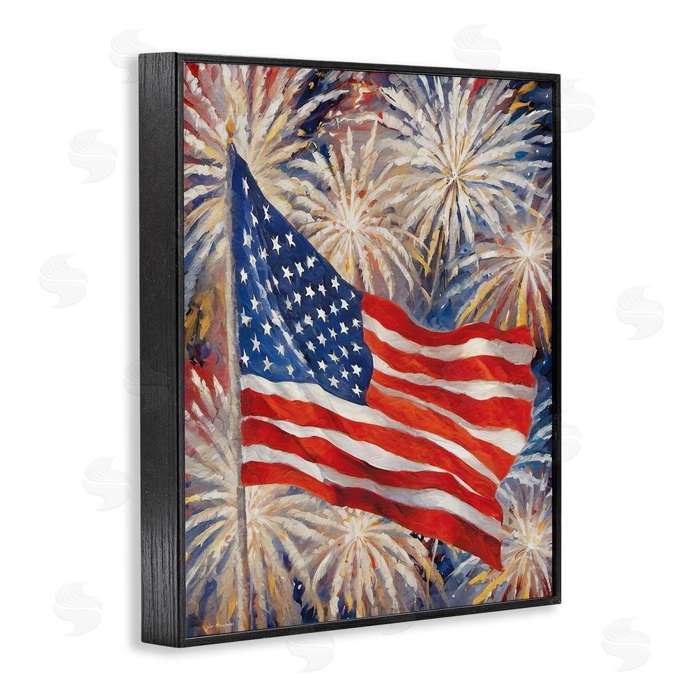 Jo Moulton American Flag over Fireworks Black Framed Giclee Wall Art Print